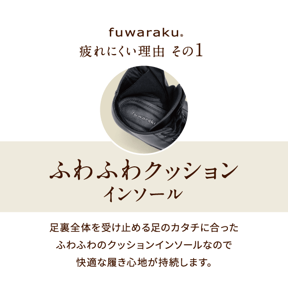 疲れにくい理由 その1 ふわふわクッション インソール 足裏全体を受け止める足のカタチに合ったふわふわのクッションインソールなので快適な履き心地が持続します。