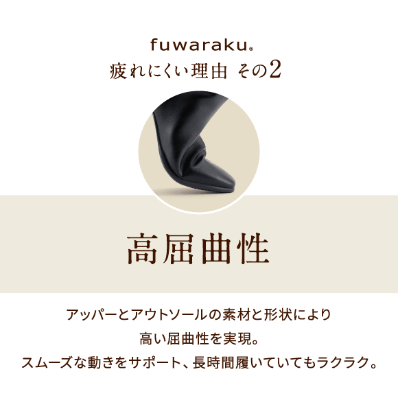 疲れにくい理由 その2 高屈曲性 アッパーとアウトソールの素材と形状により高い屈曲性を実現。スムーズな動きをサポート、長時間履いていてもラクラク。