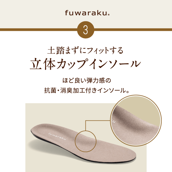土踏まずにフィットする 立体カップインソール ほど良い弾力感の抗菌・消臭加工付きインソール。