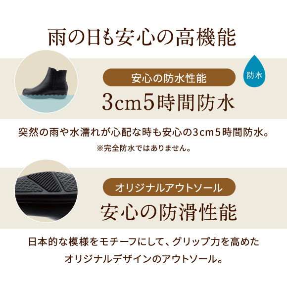 雨の日も安心の高機能 安心の防水性能 3cm5時間防水 突然の雨や水濡れが心配な時も安心の3cm5時間防水。※完全防水ではありません。オリジナルアウトソール 安心の防滑性能 日本的な模様をモチーフにして、グリップ力を高めたオリジナルデザインのアウトソール。