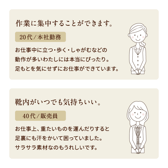 作業に集中することができます。20代/本社勤務 お仕事中に立つ・歩く・しゃがむなどの動作が多いわたしには本当にぴったり。足もとを気にせずにお仕事ができています。靴内がいつでも気持ちいい。40代/販売員 お仕事上、重たいものを運んだりすると足裏にも汗をかいて困っていました。サラサラ素材なのもうれしいです。