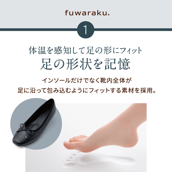 1 体温を感知して足の形にフィット足の形状を記憶　インソールだけでなく靴内全体が足に沿って包み込むようにフィットする素材を採用。